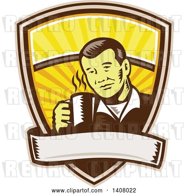 Vector Clip Art of Retro Woodcut Asian Guy Holding a Hot Cup of Coffee, Emerging from a Shield with a Banner