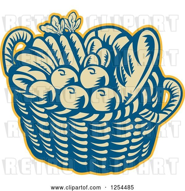Vector Clip Art of Retro Woodcut Basket of Fruit and Bread