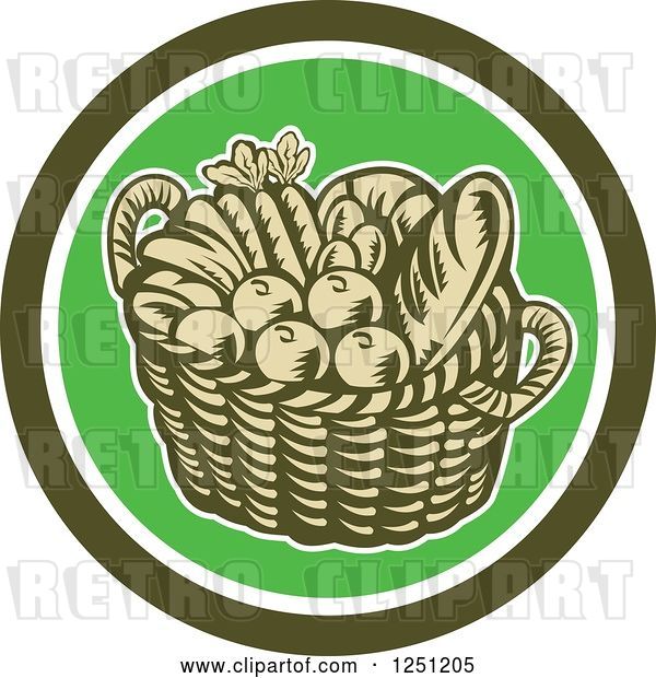 Vector Clip Art of Retro Woodcut Basket of Fruit and Bread in a Green Circle