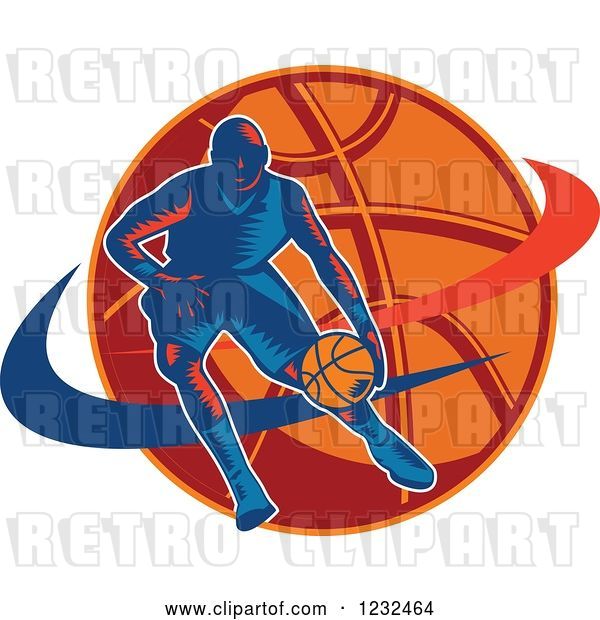 Vector Clip Art of Retro Woodcut Basketball Player Dribbling over a Ball