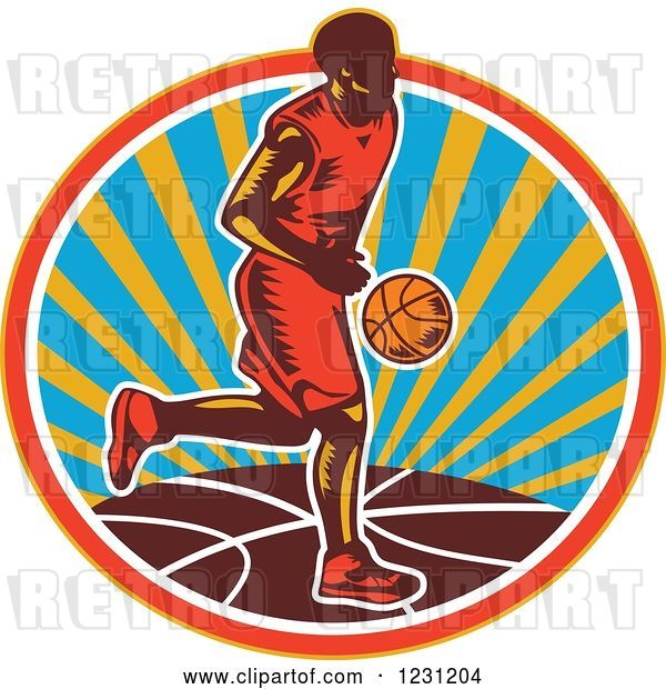 Vector Clip Art of Retro Woodcut Basketball Player Dribbling over a Sunny Circle