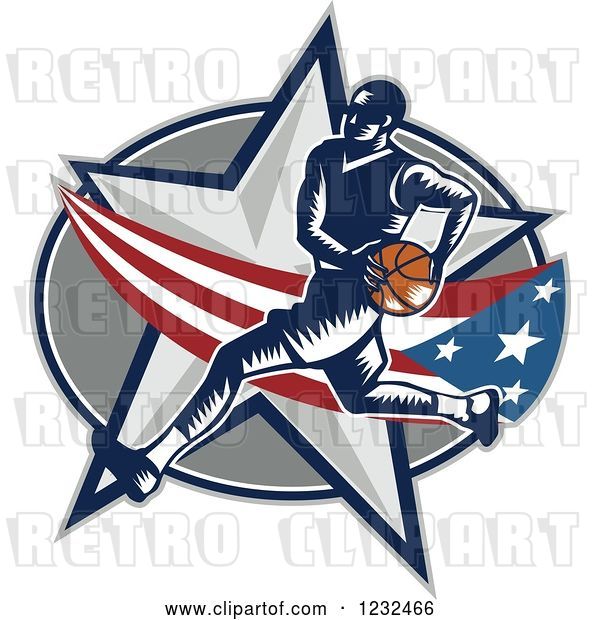 Vector Clip Art of Retro Woodcut Basketball Player over an American Swoosh and Star