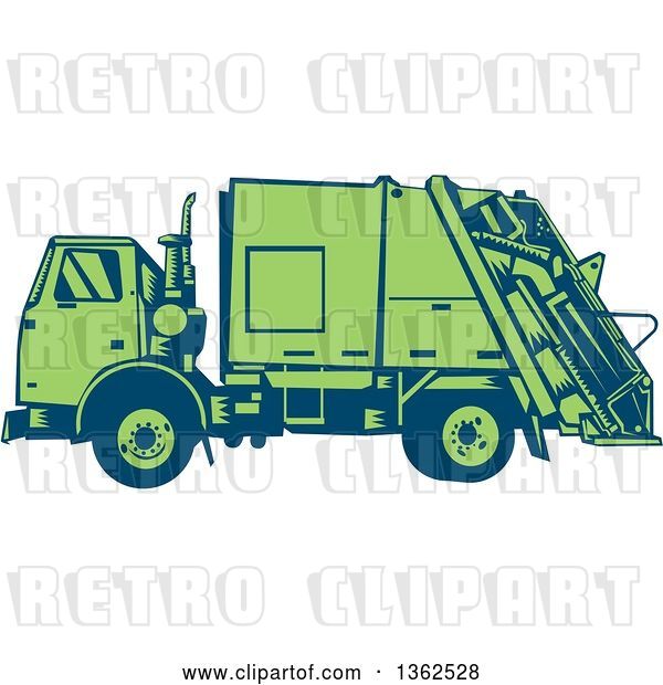 Vector Clip Art of Retro Woodcut Blue and Green Garbage Truck