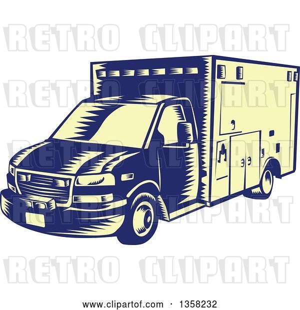 Vector Clip Art of Retro Woodcut Blue and Pastel Yellow Ambulance Vehicle