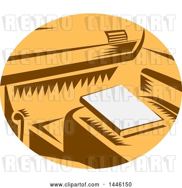 Vector Clip Art of Retro Woodcut Book on a Passenger Seat of a Car in a Brown White and Orange Oval