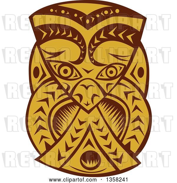 Vector Clip Art of Retro Woodcut Brown and Orange Maori Mask