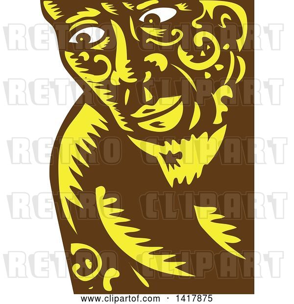 Vector Clip Art of Retro Woodcut Brown White and Yellow Samoan God, Tagaloa, Peeking