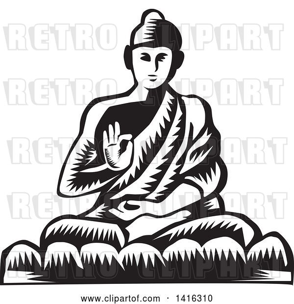 Vector Clip Art of Retro Woodcut Buddha Sitting in the Lotus Position