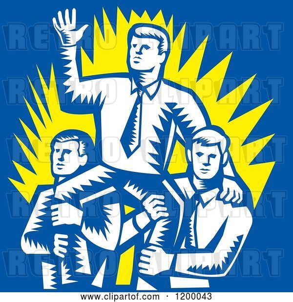 Vector Clip Art of Retro Woodcut Business Man Waving and Being Carried by Colleagues on Blue