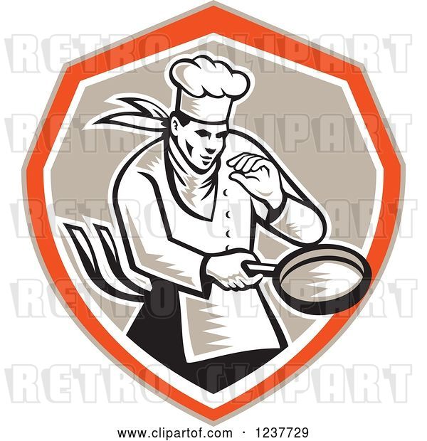 Vector Clip Art of Retro Woodcut Chef Holding a Frying Pan in a Tan and Orange Shield