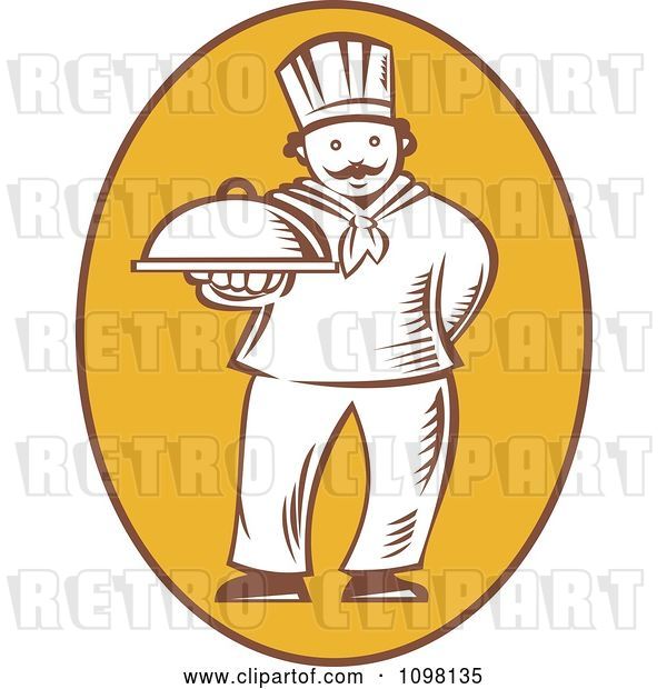 Vector Clip Art of Retro Woodcut Chef Holding out a Platter in a Yellow Oval
