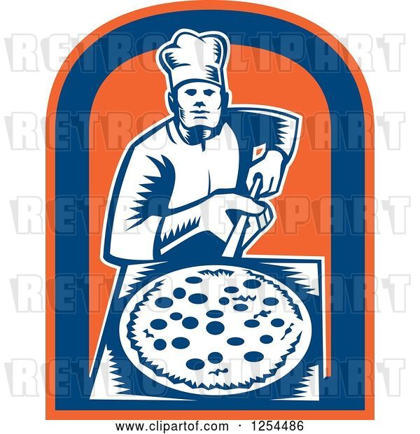 Vector Clip Art of Retro Woodcut Chef with a Pizza on a Peel in a Blue and Orange Shield