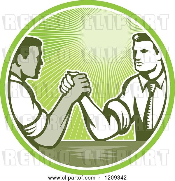 Vector Clip Art of Retro Woodcut Competitive Business Men Arm Wrestling in a Green Sunny Circle