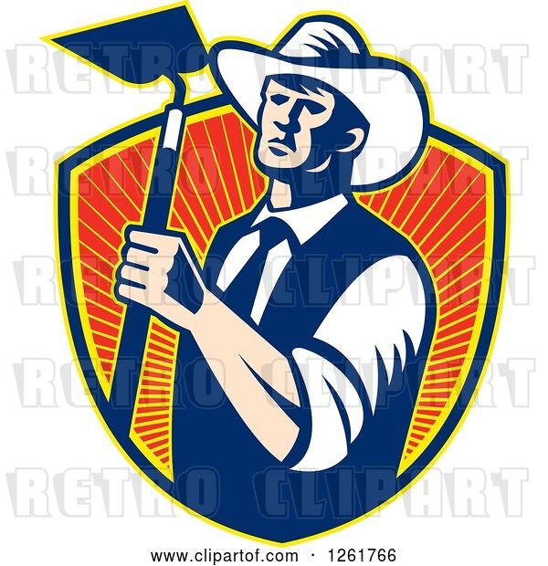 Vector Clip Art of Retro Woodcut Cowboy Farmer Holding a Hoe over a Shield of Rays