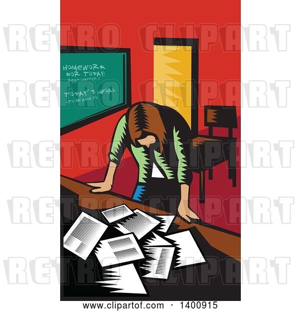 Vector Clip Art of Retro Woodcut Depressed Female Teacher Looking down on a Desk with Papers