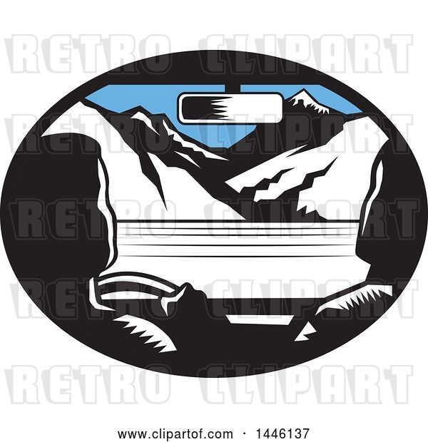 Vector Clip Art of Retro Woodcut Driver and Passenger in a Car, Heading Towards Mountains
