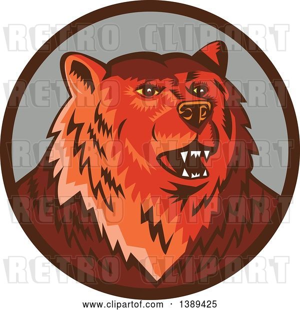 Vector Clip Art of Retro Woodcut Eurasian Brown Bear Growling in a Brown and Gray Circle