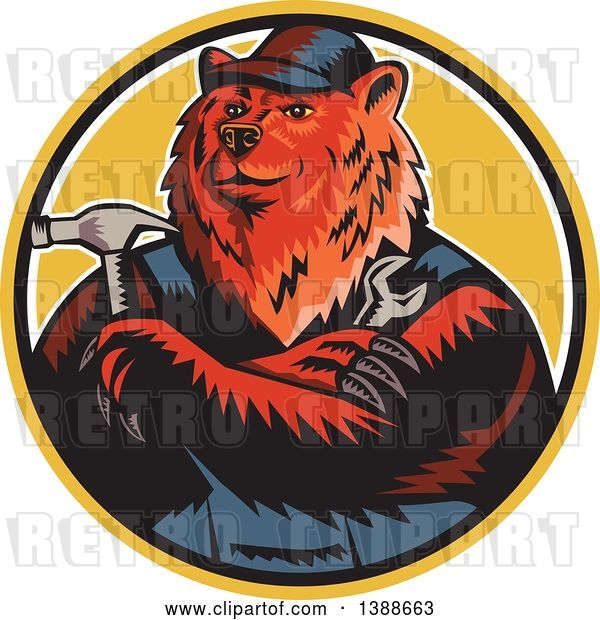 Vector Clip Art of Retro Woodcut Eurasian Brown Bear Handman Holding Tools, with Folded Arms in a Circle