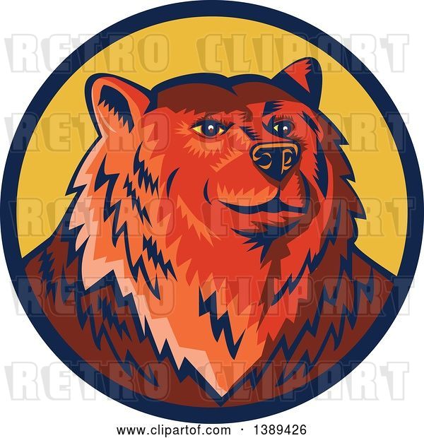 Vector Clip Art of Retro Woodcut Eurasian Brown Bear in a Blue and Yellow Circle
