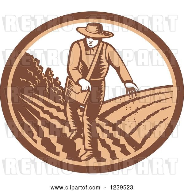 Vector Clip Art of Retro Woodcut Farmer Sowing Seeds in an Oval