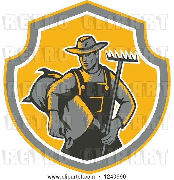 Vector Clip Art of Retro Woodcut Farmer with a Rake and Bag of Seed in a Shield