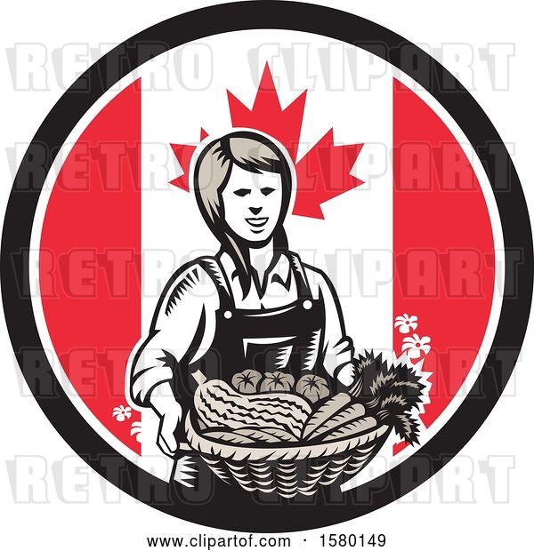 Vector Clip Art of Retro Woodcut Female Farmer Holding a Basket of Produce in a Canadian Flag Circle