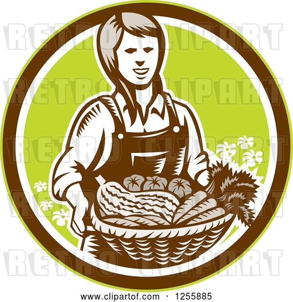 Vector Clip Art of Retro Woodcut Female Farmer Holding a Basket of Produce in a Circle