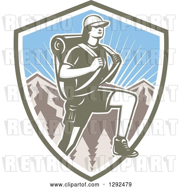 Vector Clip Art of Retro Woodcut Female Hiker over Mountains and Sunshine in a Shield