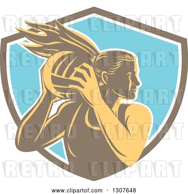 Vector Clip Art of Retro Woodcut Female Volleyball Player Rebounding in a Brown White and Blue Shield