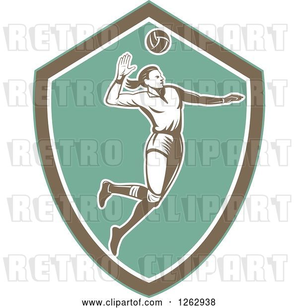 Vector Clip Art of Retro Woodcut Female Volleyball Player Spiking in a Turquoise Brown and White Shield