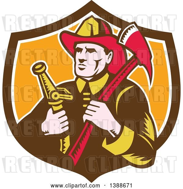 Vector Clip Art of Retro Woodcut Firefighter Holding an Axe and Hose in a Shield