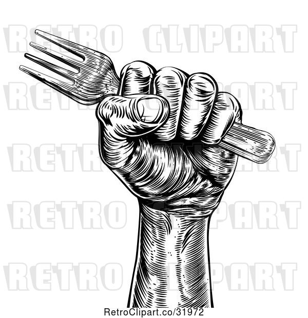 Vector Clip Art of Retro Woodcut Fisted Hand Holding a Fork
