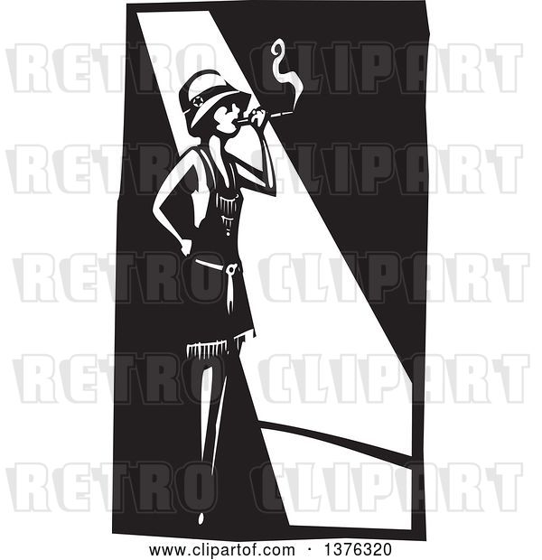 Vector Clip Art of Retro Woodcut Flapper Girl Smoking a Cigarette in a Spot Light