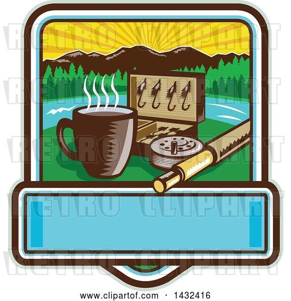 Vector Clip Art of Retro Woodcut Fly Box, Coffee Mug and Fishing Rod in a Sunrise Square with Text Space
