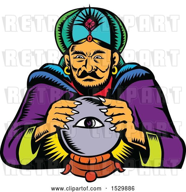 Vector Clip Art of Retro Woodcut Fortune Teller with a Crystal Ball