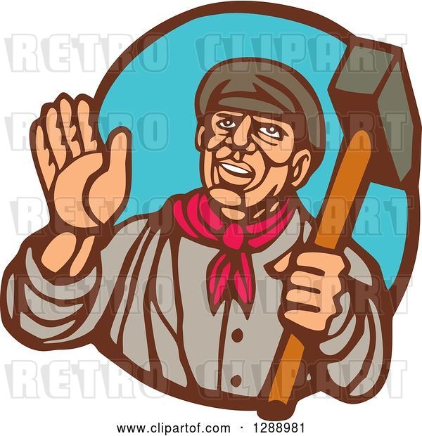 Vector Clip Art of Retro Woodcut Friendly Male Union Worker Waving and Holding a Sledgehammer in a Brown and Blue Oval