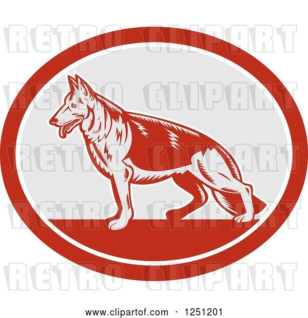 Vector Clip Art of Retro Woodcut German Shepherd Dog in a Gray and Red Oval