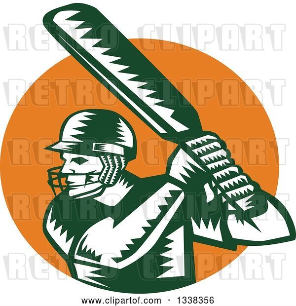 Vector Clip Art of Retro Woodcut Green and White Cricket Batsman over an Orange Circle