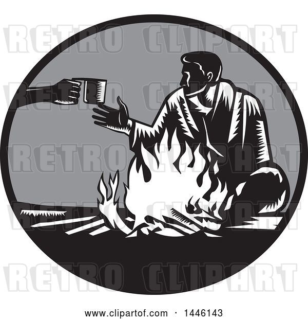 Vector Clip Art of Retro Woodcut Guy Accepting a Cup of Coffee by a Campfire
