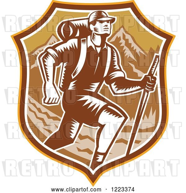 Vector Clip Art of Retro Woodcut Guy Hiking over Mountains in a Brown Shield