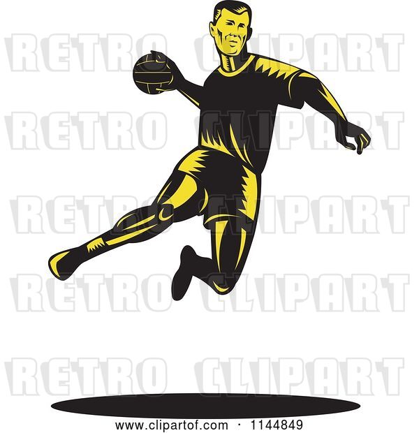 Vector Clip Art of Retro Woodcut Handball Player Jumping