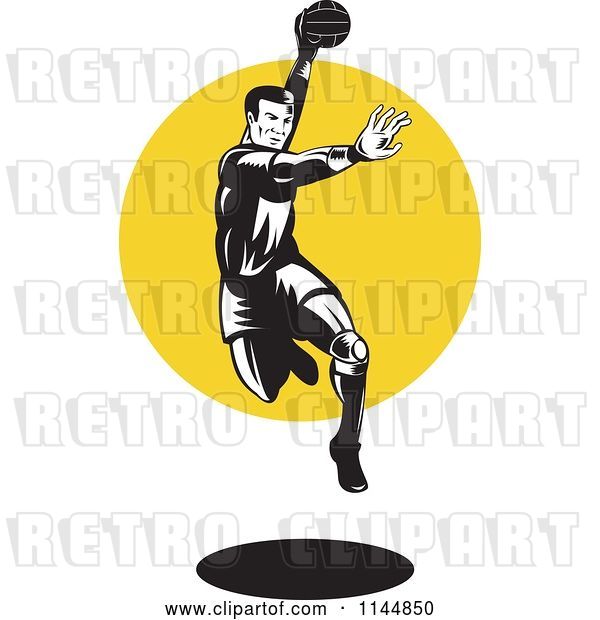 Vector Clip Art of Retro Woodcut Handball Player Jumping over a Circle