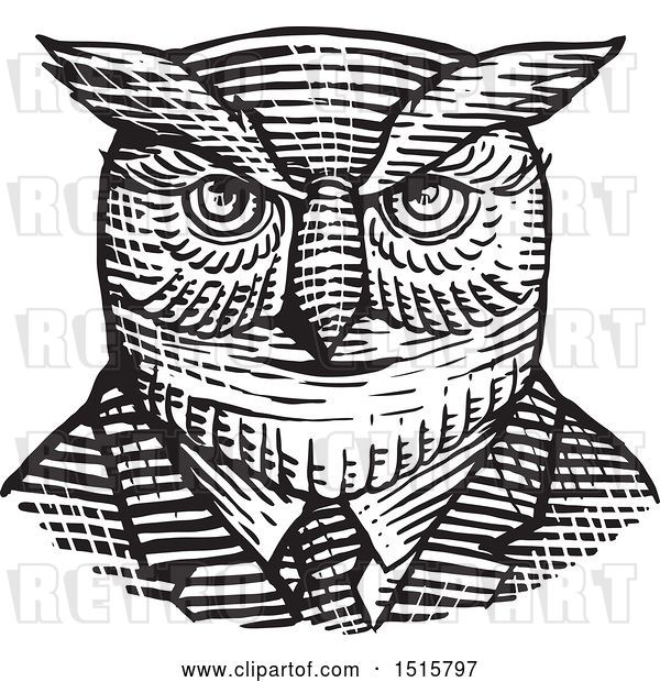 Vector Clip Art of Retro Woodcut Hipster Great Horned Owl in a Suit and Tie