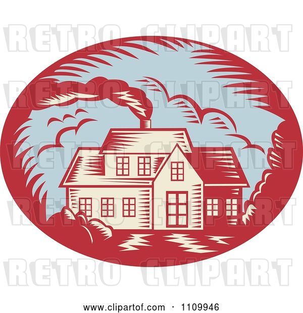 Vector Clip Art of Retro Woodcut House with Smoke Rising from the Chimney