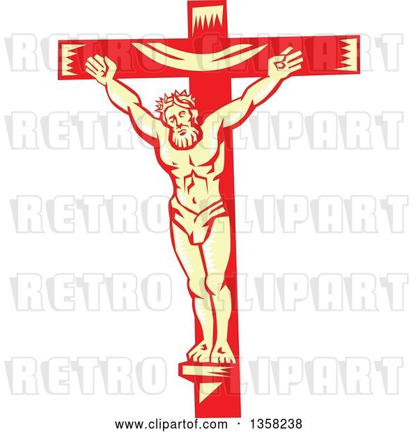 Vector Clip Art of Retro Woodcut Jesus Christ Nailed to a Red and Yellow Cross