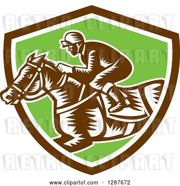Vector Clip Art of Retro Woodcut Jockey Racing a Horse in a Brown White and Green Shield