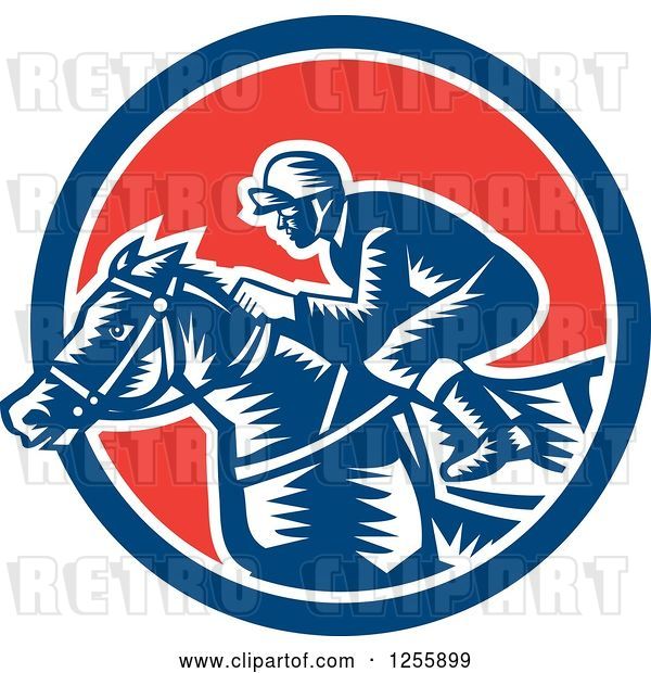 Vector Clip Art of Retro Woodcut Jockey Racing a Horse in a Red White and Blue Circle