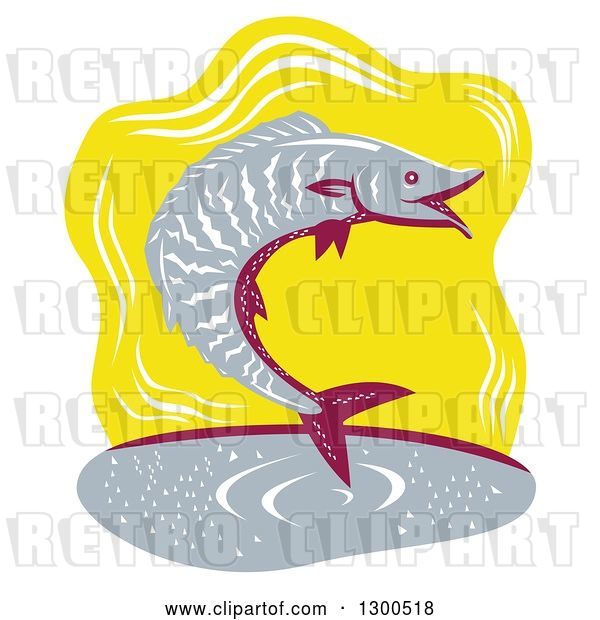 Vector Clip Art of Retro Woodcut Jumping Wahoo Fish over Yellow