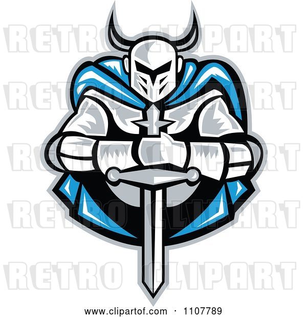 Vector Clip Art of Retro Woodcut Knight Holding a Sword and Wearing a Blue Cape