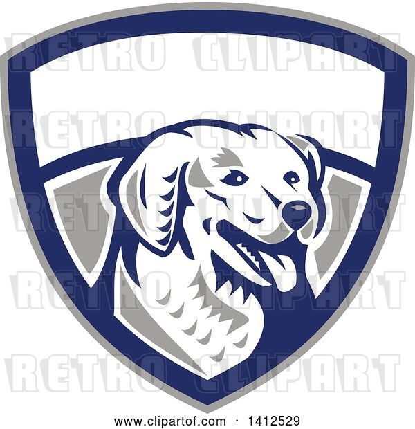 Vector Clip Art of Retro Woodcut Kuvasz Dog Head Panting in a Gray Blue and White Shield